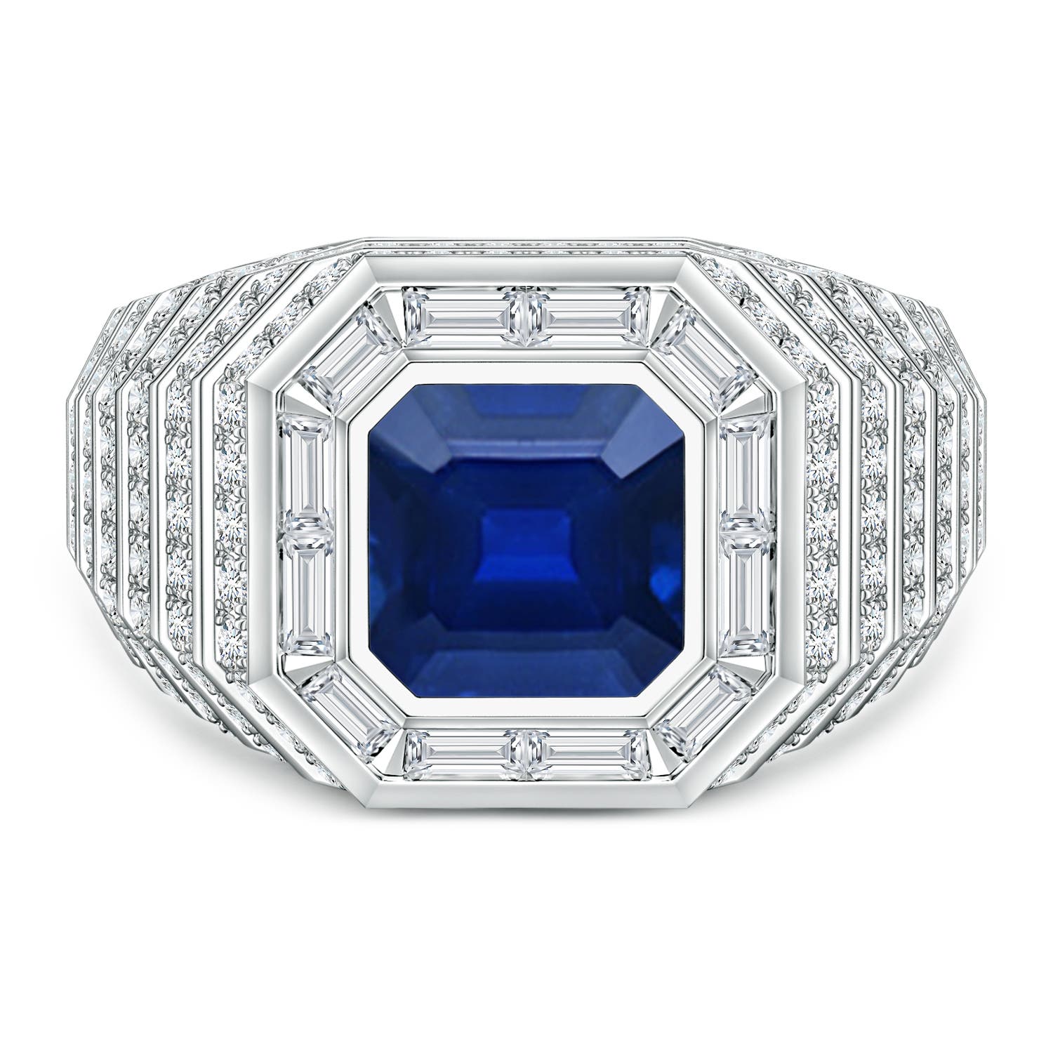 Angara 3.34 Carats Square Emerald-Cut Lab-Grown Blue Sapphire Men's Cocktail Ring in 14K White Gold