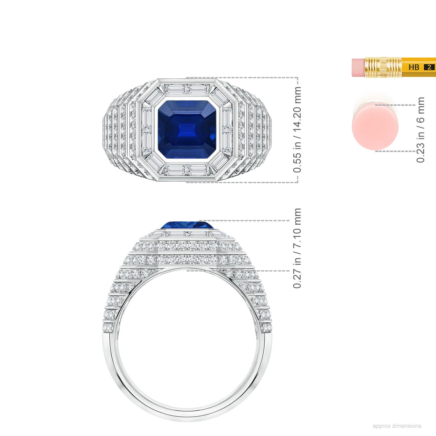 8mm Labgrown Asscher-Cut Lab-Grown Blue Sapphire Men's Cocktail Ring in White Gold - ruler