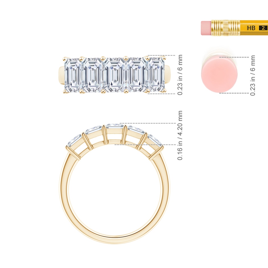 6x4mm FGVS Lab-Grown Prong-Set Emerald-Cut Diamond Five Stone Wedding Ring in Yellow Gold ruler