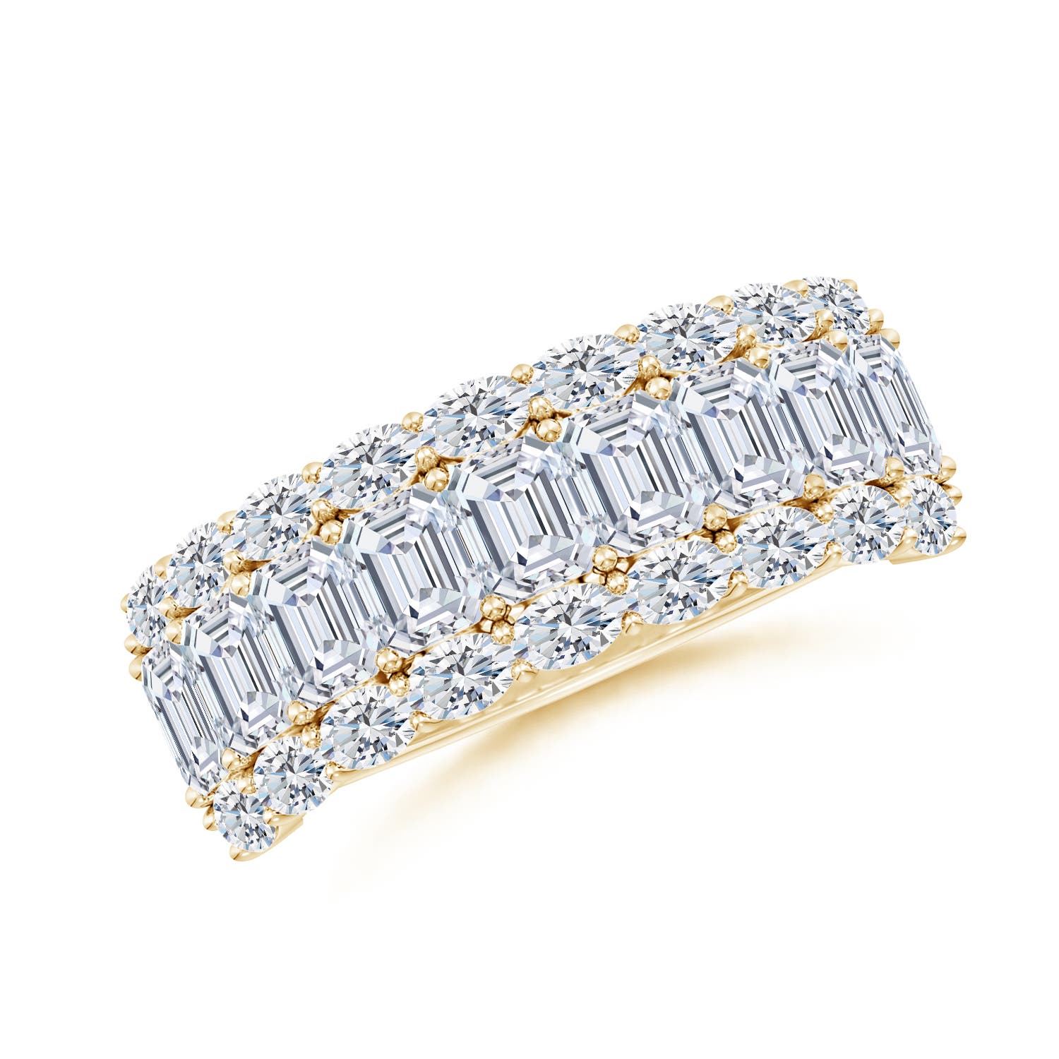 4x3mm FGVS Lab-Grown Emerald-Cut and Oval Diamond Triple Layer Wedding Ring in 18K Yellow Gold