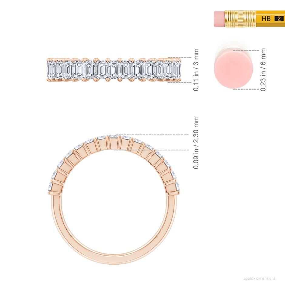 3x2mm FGVS Lab-Grown Prong-Set Emerald-Cut Diamond Half Eternity Wedding Ring in Rose Gold ruler