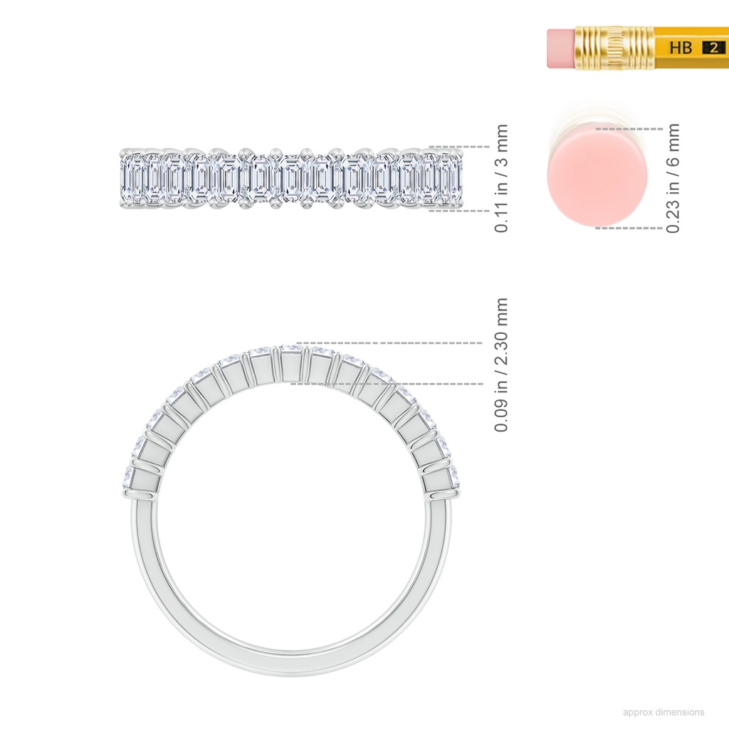 3x2mm FGVS Lab-Grown Prong-Set Emerald-Cut Diamond Half Eternity Wedding Ring in White Gold ruler