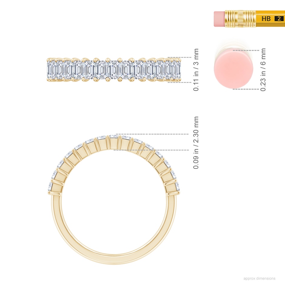 3x2mm FGVS Lab-Grown Prong-Set Emerald-Cut Diamond Half Eternity Wedding Ring in Yellow Gold ruler