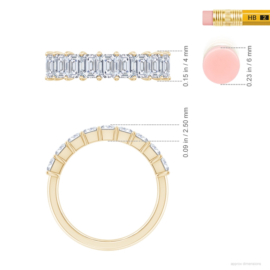 4x3mm FGVS Lab-Grown Prong-Set Emerald-Cut Diamond Half Eternity Wedding Ring in 18K Yellow Gold ruler