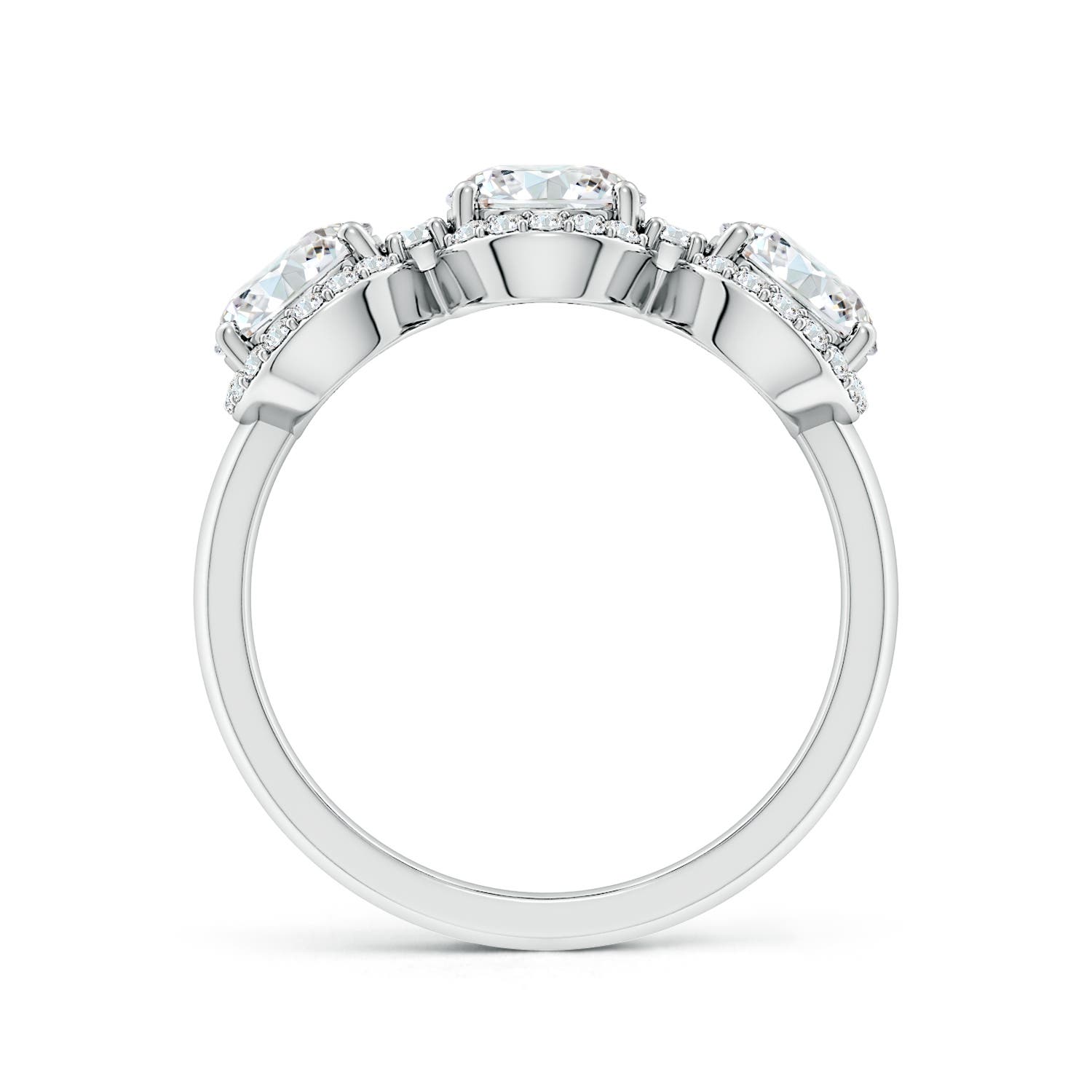 5.9mm FGVS Lab-Grown Round Diamond Halo Three Stone Ring in 18K White Gold