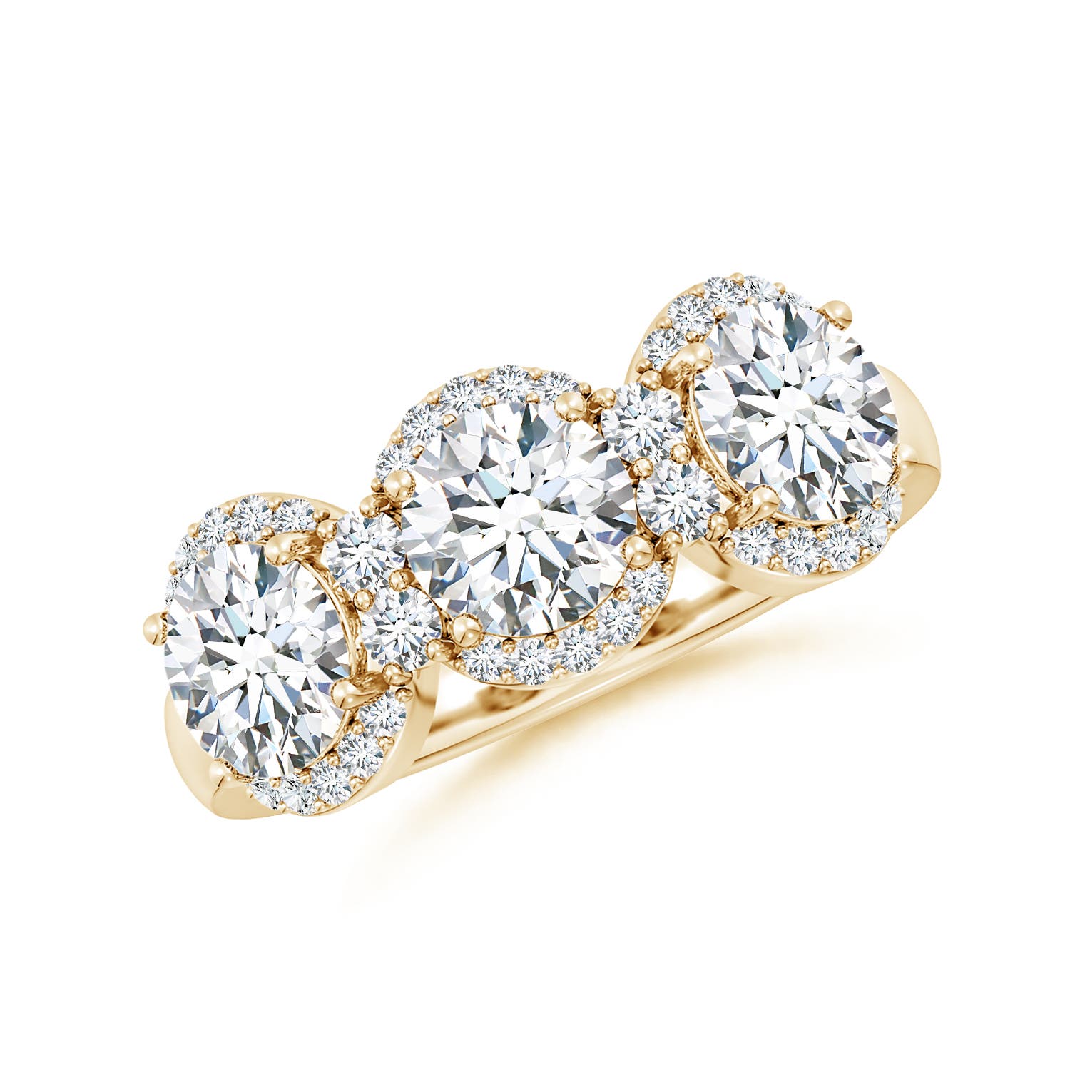 5.9mm FGVS Lab-Grown Round Diamond Halo Three Stone Ring in 18K Yellow Gold