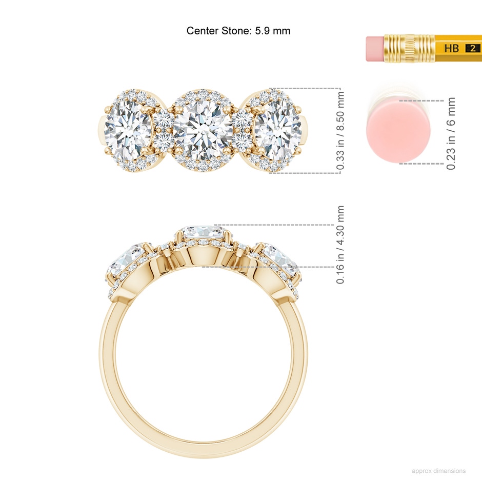5.9mm FGVS Lab-Grown Round Diamond Halo Three Stone Ring in 18K Yellow Gold ruler