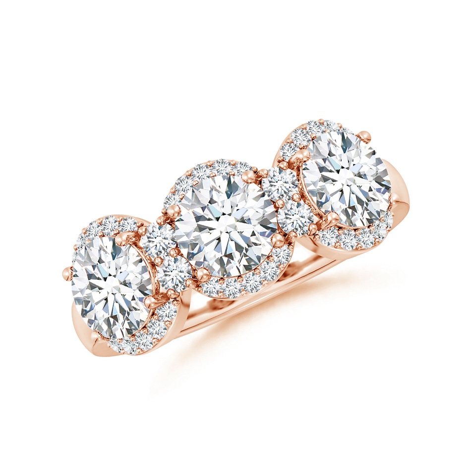 5.9mm FGVS Lab-Grown Round Diamond Halo Three Stone Ring in Rose Gold 