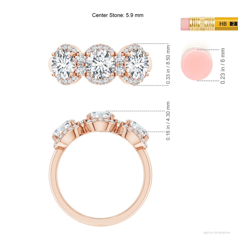 5.9mm FGVS Lab-Grown Round Diamond Halo Three Stone Ring in Rose Gold ruler