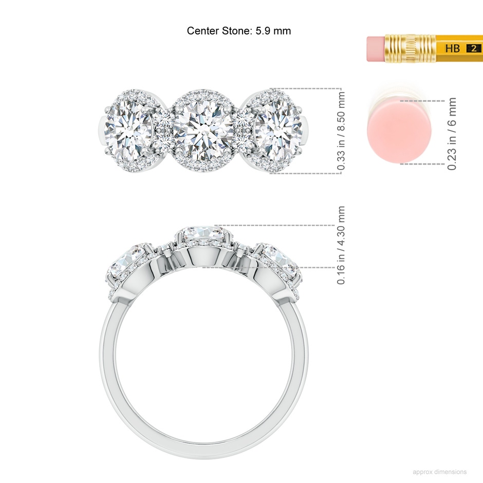 5.9mm FGVS Lab-Grown Round Diamond Halo Three Stone Ring in White Gold ruler