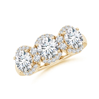 5.9mm FGVS Lab-Grown Round Diamond Halo Three Stone Ring in Yellow Gold