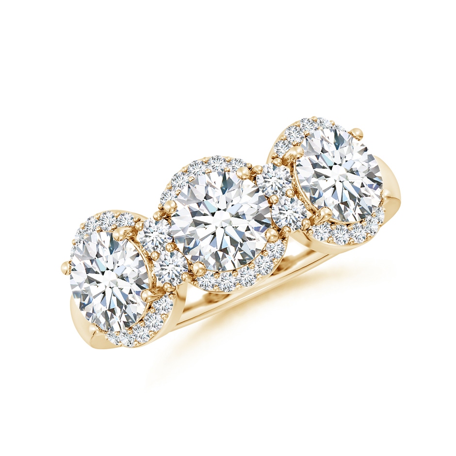 5.9mm FGVS Lab-Grown Round Diamond Halo Three Stone Ring in Yellow Gold 