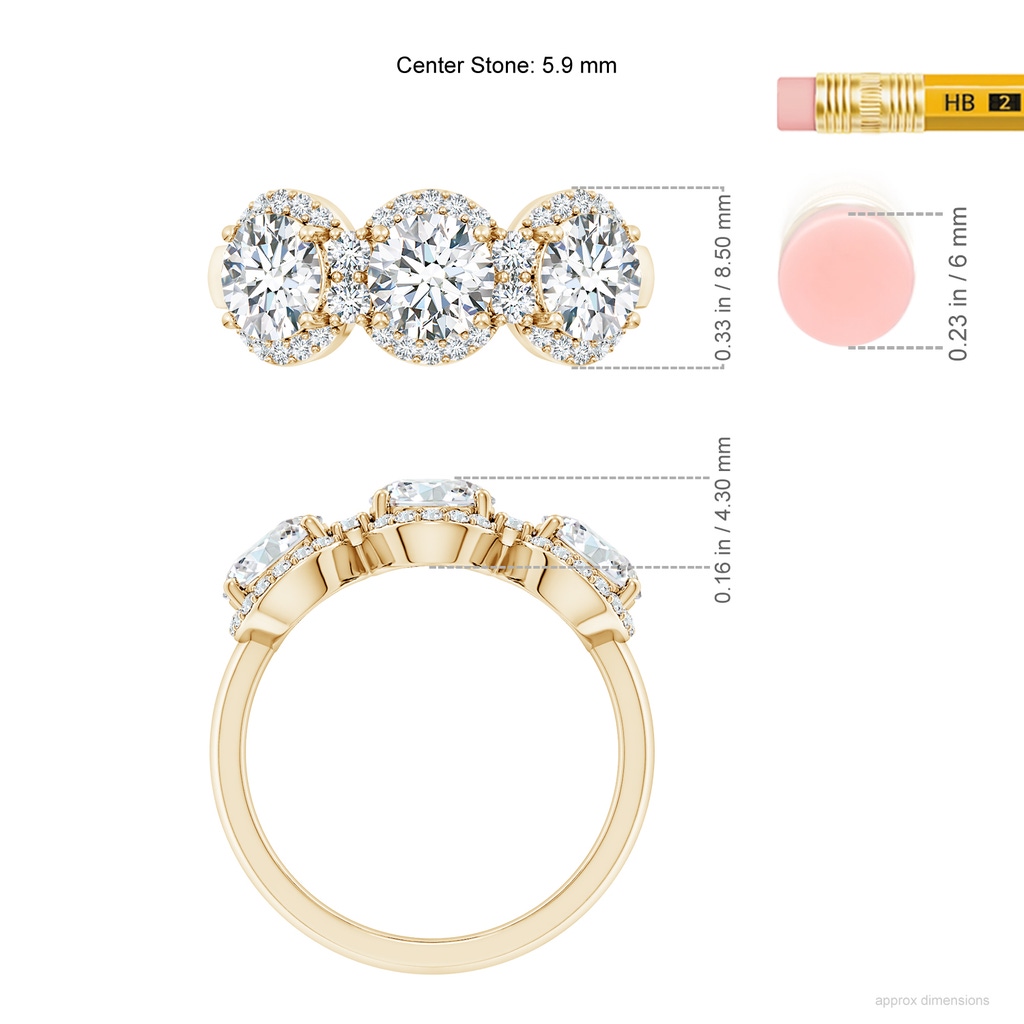 5.9mm FGVS Lab-Grown Round Diamond Halo Three Stone Ring in Yellow Gold ruler
