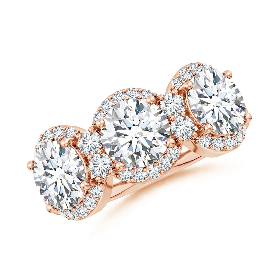 6.5mm FGVS Lab-Grown Round Diamond Halo Three Stone Ring in Rose Gold 