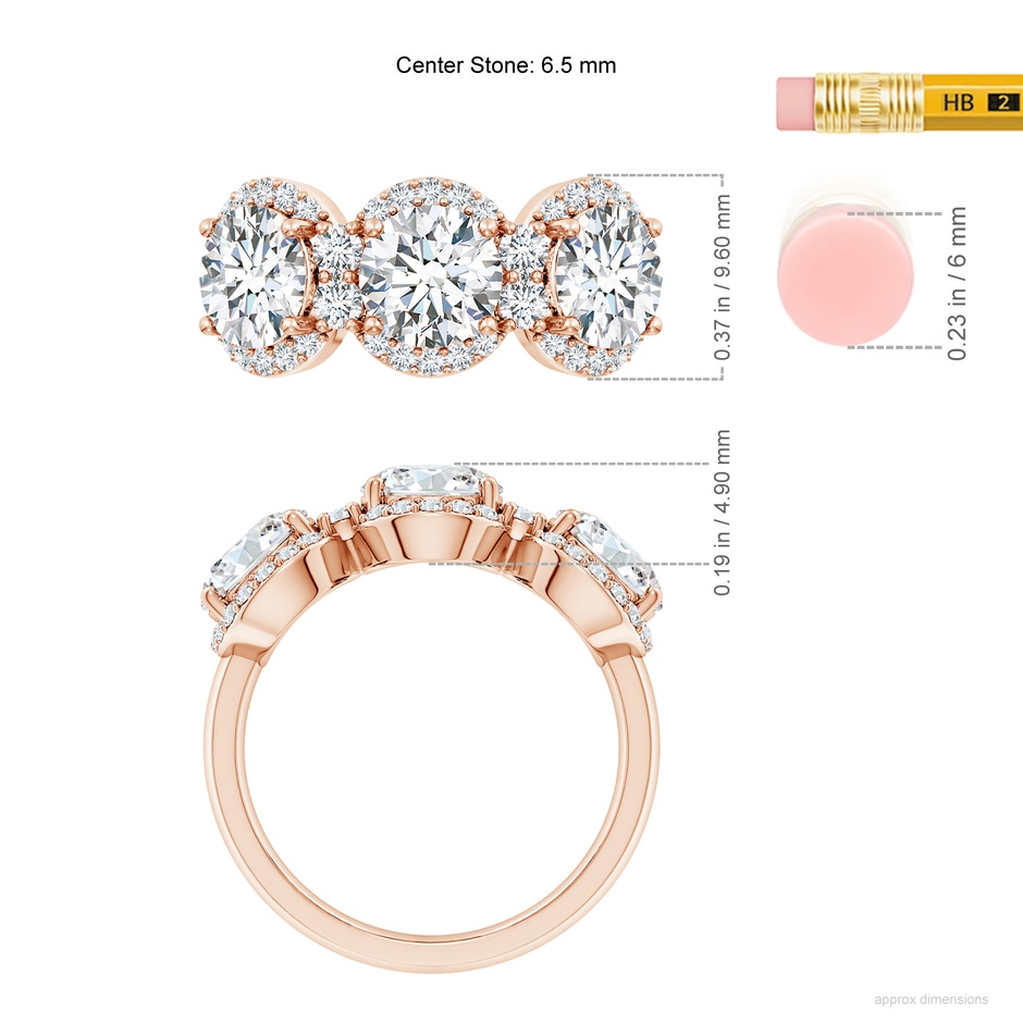 6.5mm FGVS Lab-Grown Round Diamond Halo Three Stone Ring in Rose Gold ruler