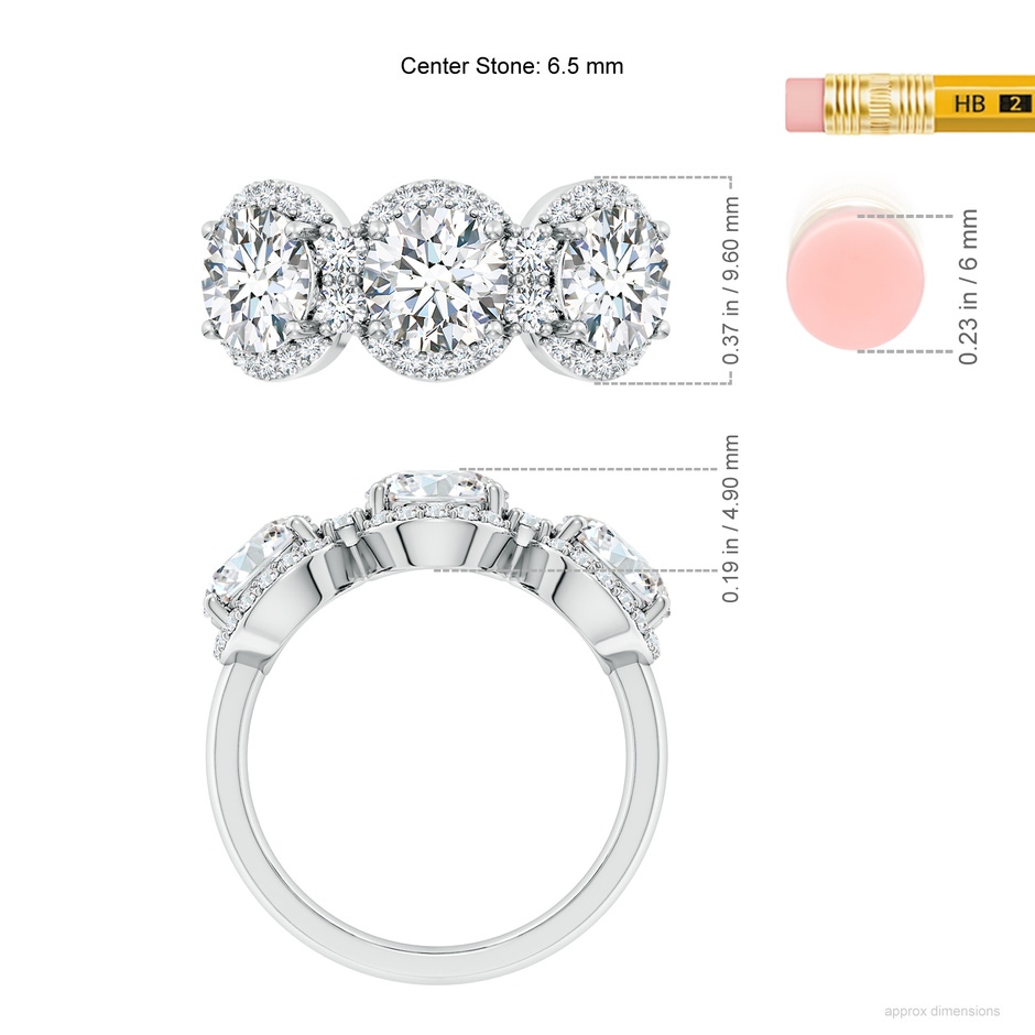 6.5mm FGVS Lab-Grown Round Diamond Halo Three Stone Ring in White Gold ruler