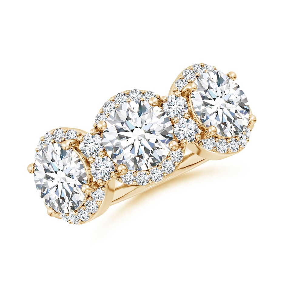 6.5mm FGVS Lab-Grown Round Diamond Halo Three Stone Ring in Yellow Gold 