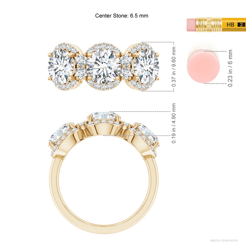6.5mm FGVS Lab-Grown Round Diamond Halo Three Stone Ring in Yellow Gold ruler