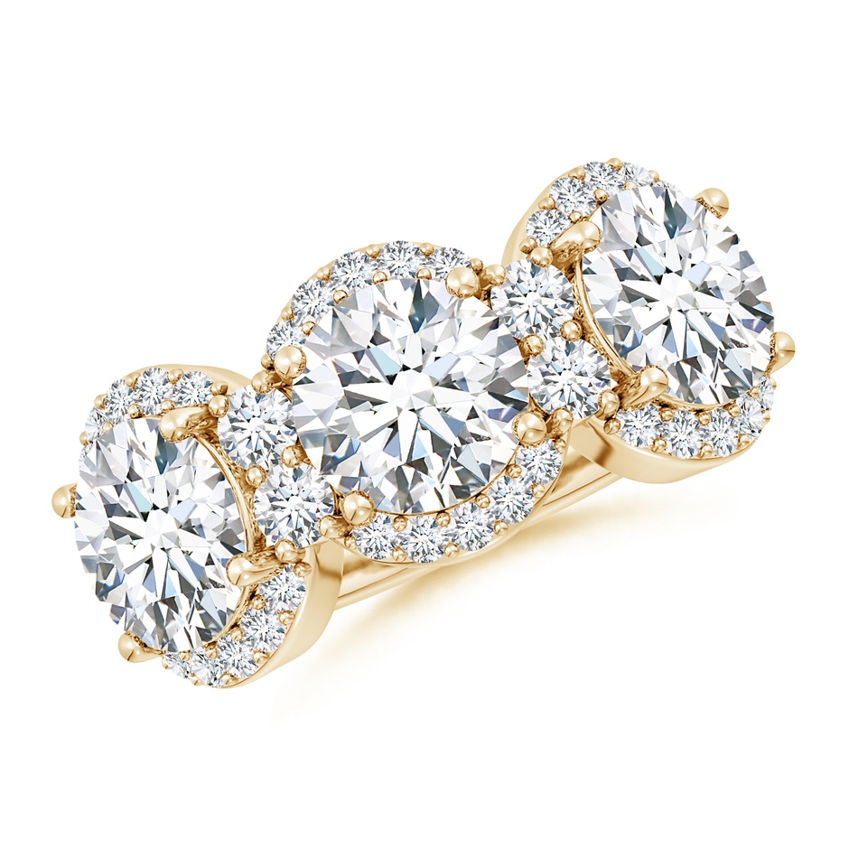 7.4mm FGVS Lab-Grown Round Diamond Halo Three Stone Ring in 18K Yellow Gold 