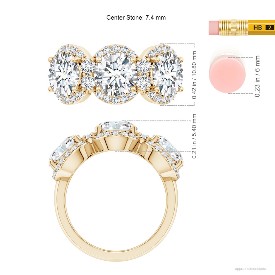 7.4mm FGVS Lab-Grown Round Diamond Halo Three Stone Ring in 18K Yellow Gold ruler