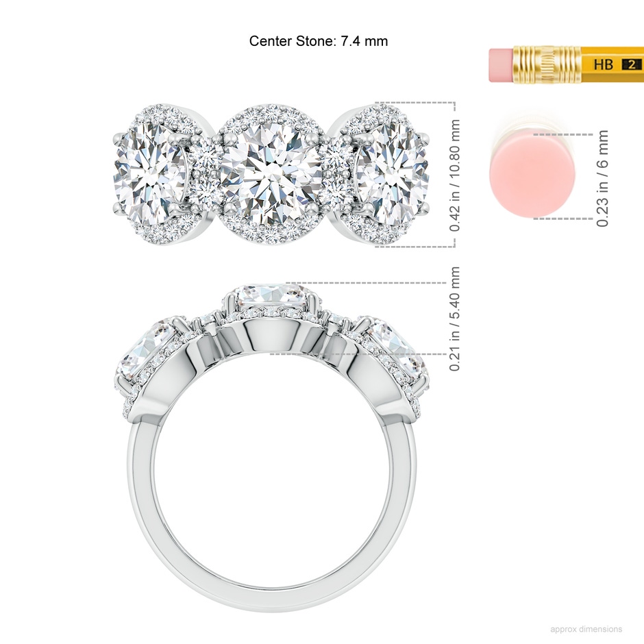 7.4mm FGVS Lab-Grown Round Diamond Halo Three Stone Ring in White Gold ruler