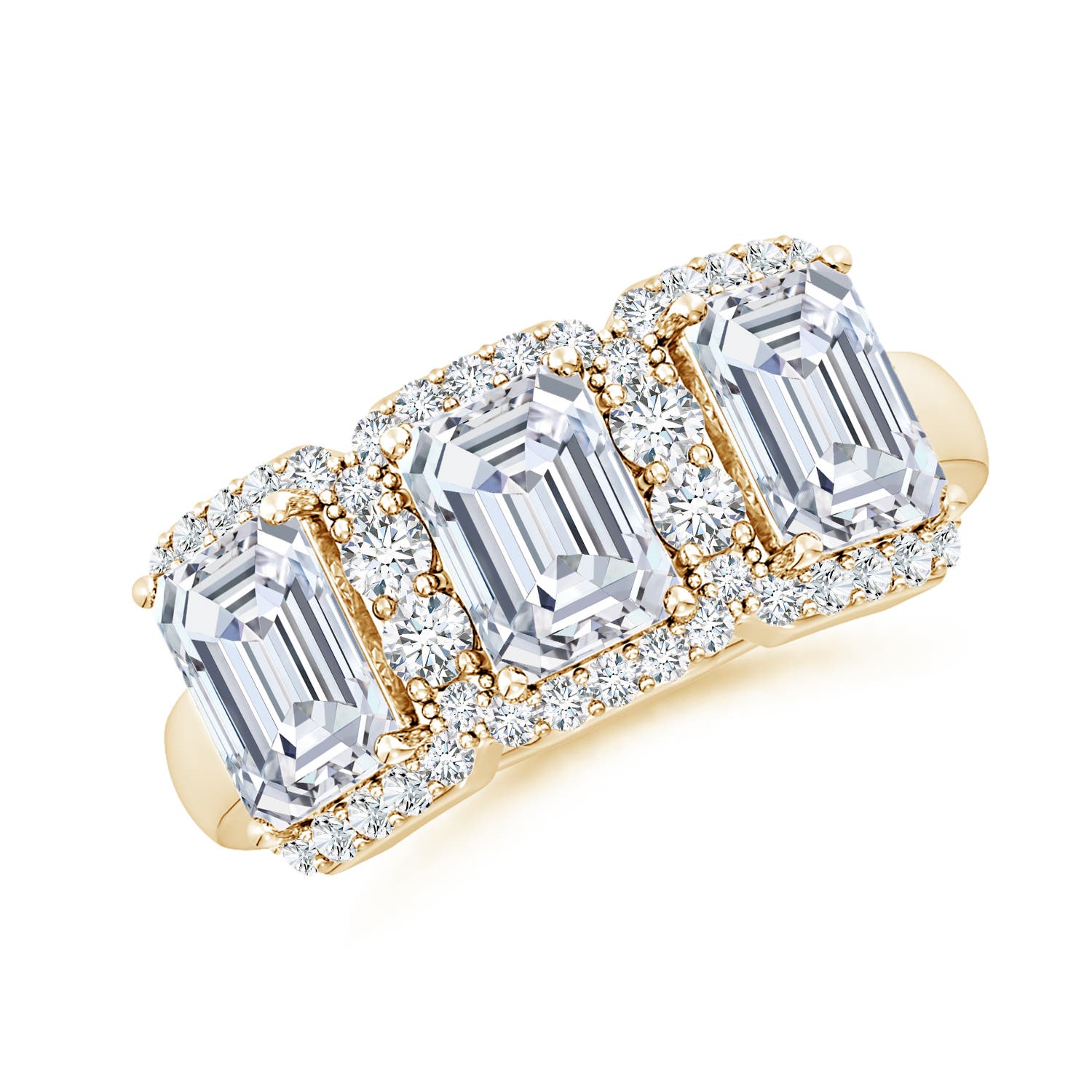 6.5x4.5mm FGVS Lab-Grown Emerald-Cut Diamond Halo Three Stone Ring in 18K Yellow Gold