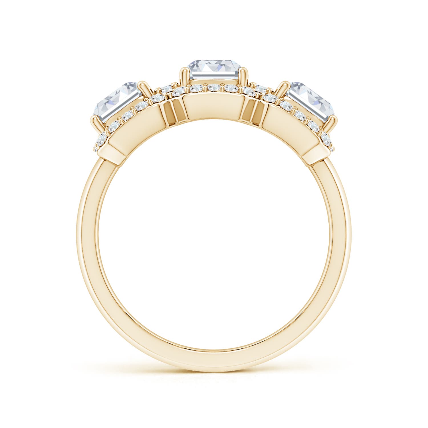6.5x4.5mm FGVS Lab-Grown Emerald-Cut Diamond Halo Three Stone Ring in 18K Yellow Gold