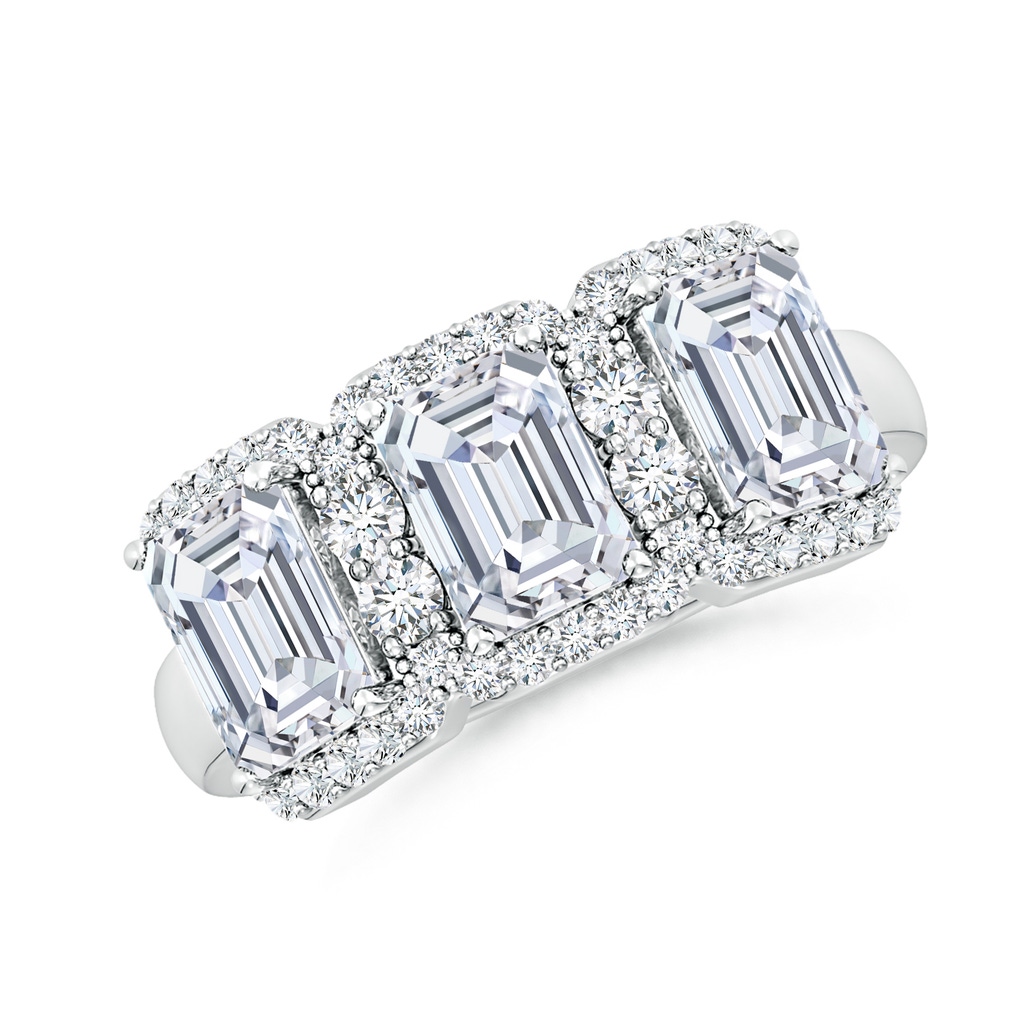 6.5x4.5mm FGVS Lab-Grown Emerald-Cut Diamond Halo Three Stone Ring in White Gold