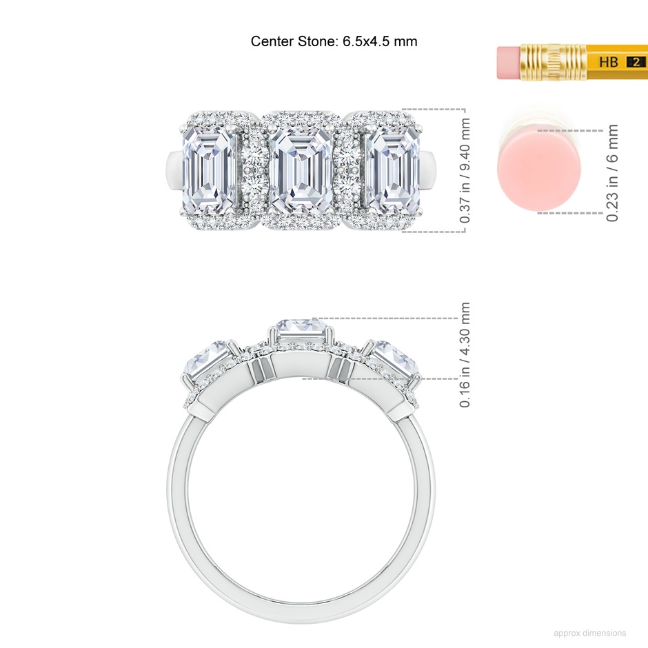 6.5x4.5mm FGVS Lab-Grown Emerald-Cut Diamond Halo Three Stone Ring in White Gold ruler