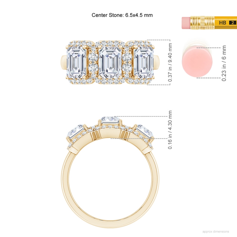 6.5x4.5mm FGVS Lab-Grown Emerald-Cut Diamond Halo Three Stone Ring in Yellow Gold ruler