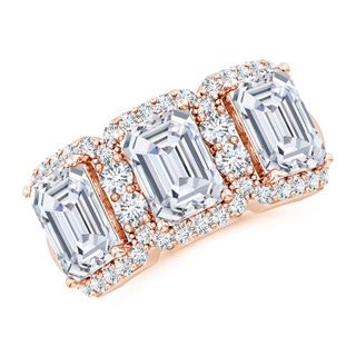 7.5x5.5mm FGVS Lab-Grown Emerald-Cut Diamond Halo Three Stone Ring in 18K Rose Gold