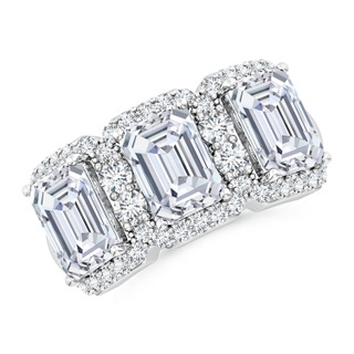 7.5x5.5mm FGVS Lab-Grown Emerald-Cut Diamond Halo Three Stone Ring in P950 Platinum