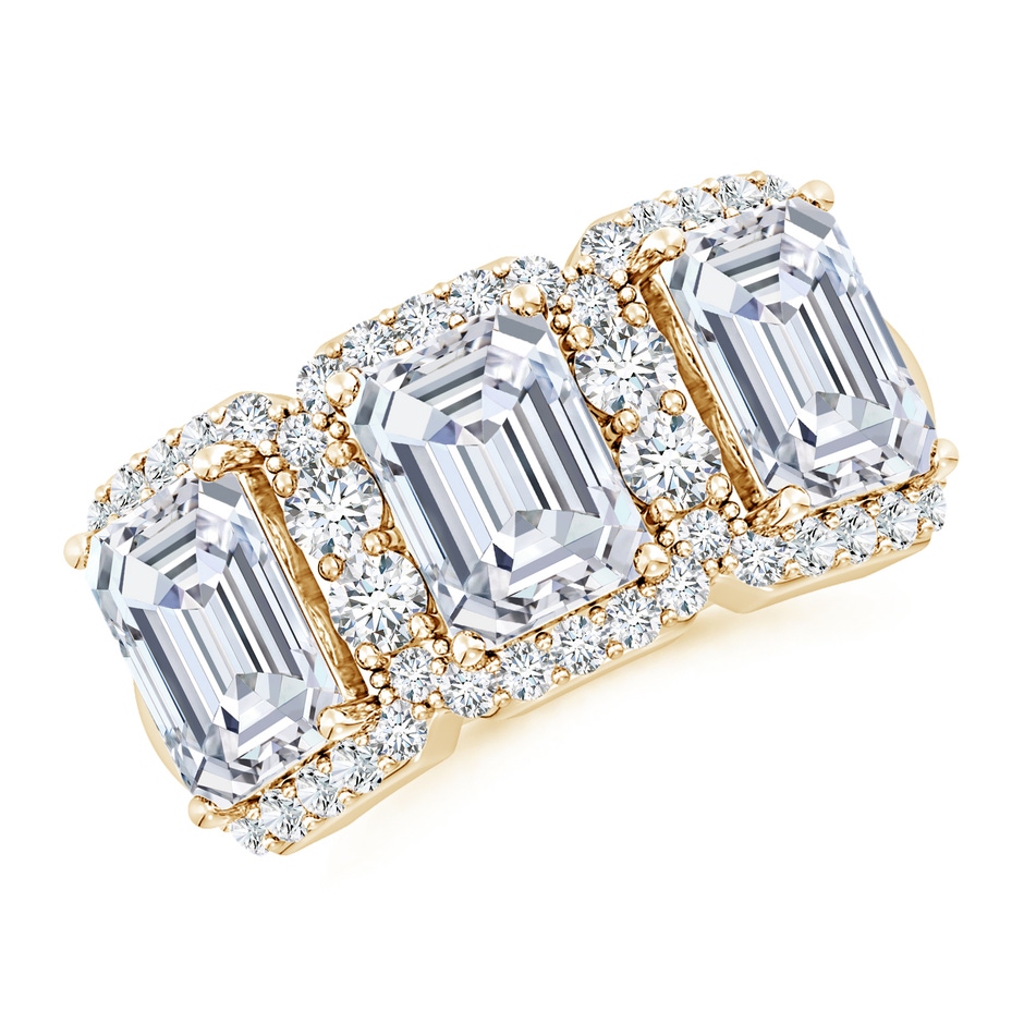 7.5x5.5mm FGVS Lab-Grown Emerald-Cut Diamond Halo Three Stone Ring in Yellow Gold 