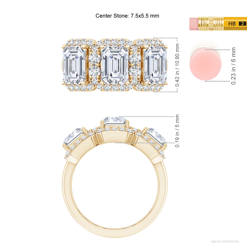 7.5x5.5mm FGVS Lab-Grown Emerald-Cut Diamond Halo Three Stone Ring in Yellow Gold ruler
