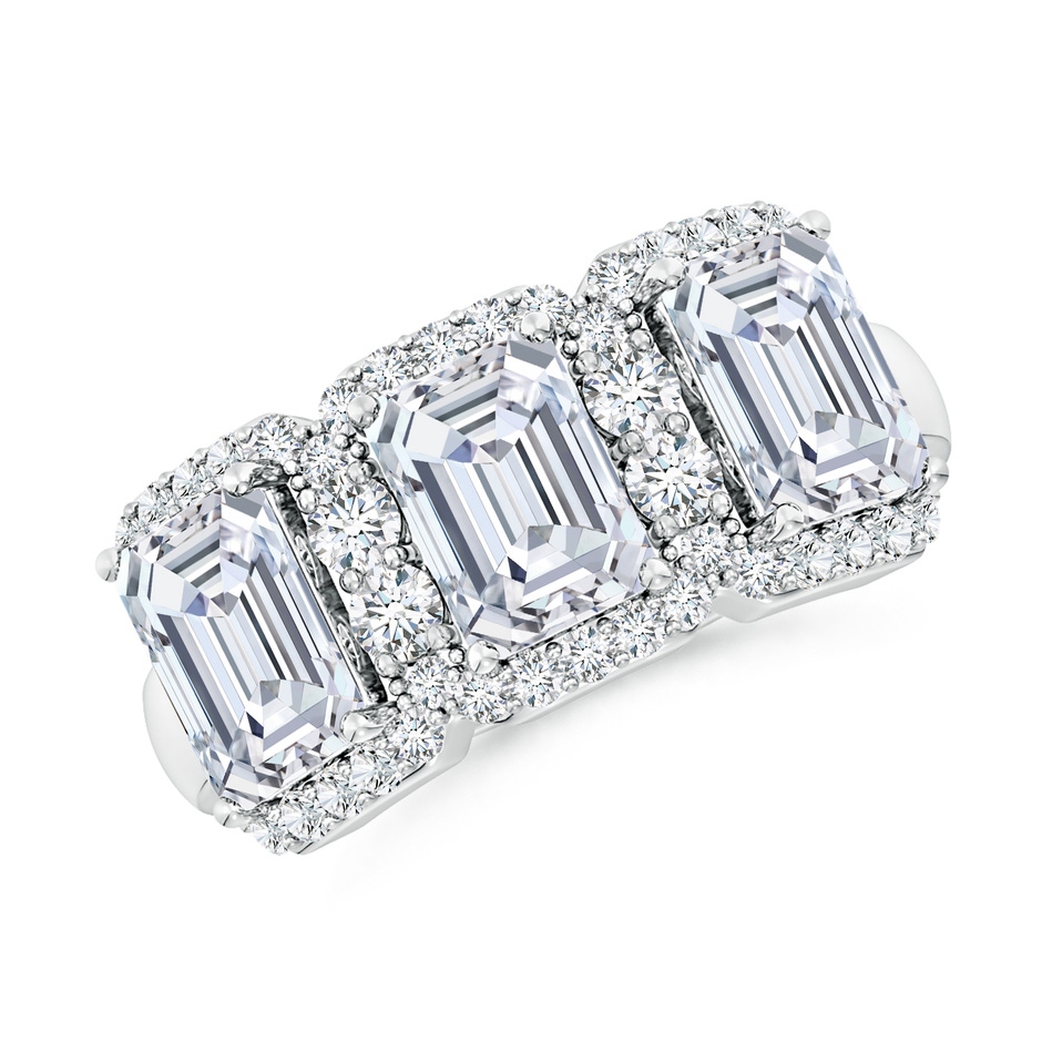 7x5mm FGVS Lab-Grown Emerald-Cut Diamond Halo Three Stone Ring in White Gold 