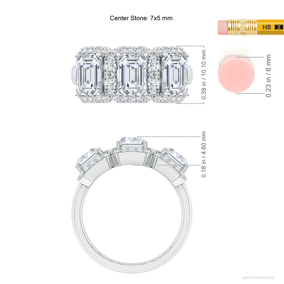 7x5mm FGVS Lab-Grown Emerald-Cut Diamond Halo Three Stone Ring in White Gold ruler