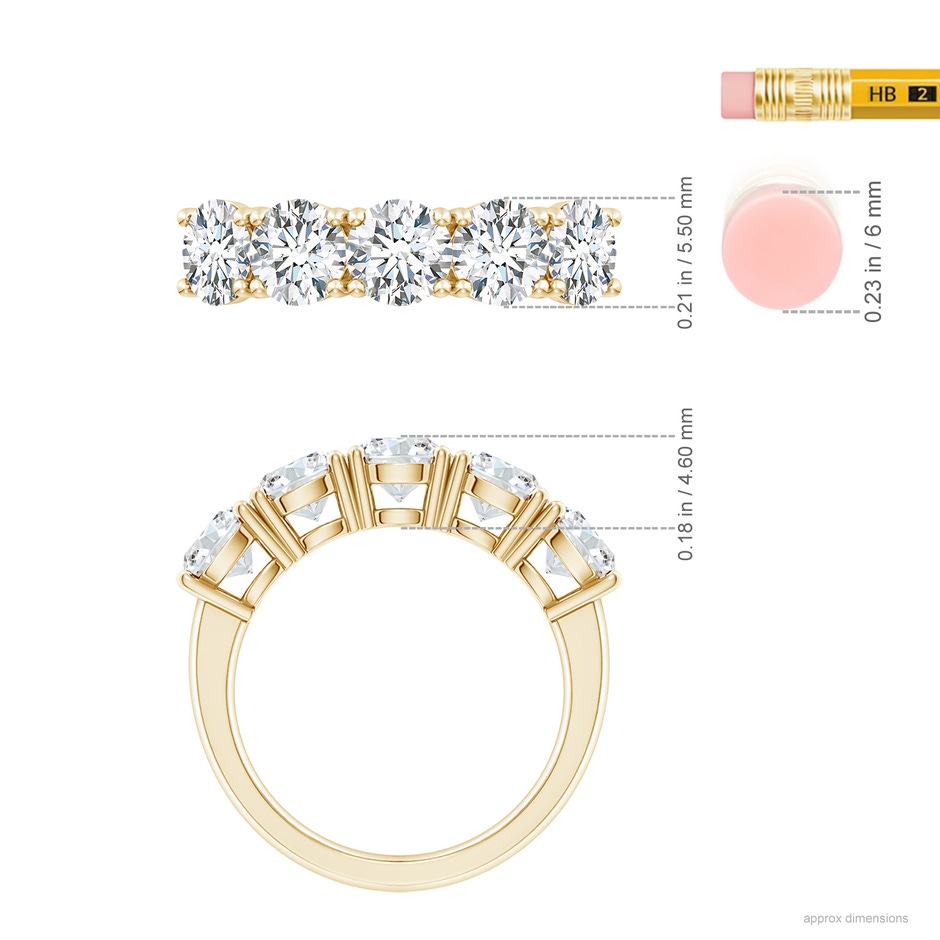 5.5mm FGVS Lab-Grown Prong-Set Round Diamond Five Stone Wedding Ring in Yellow Gold ruler