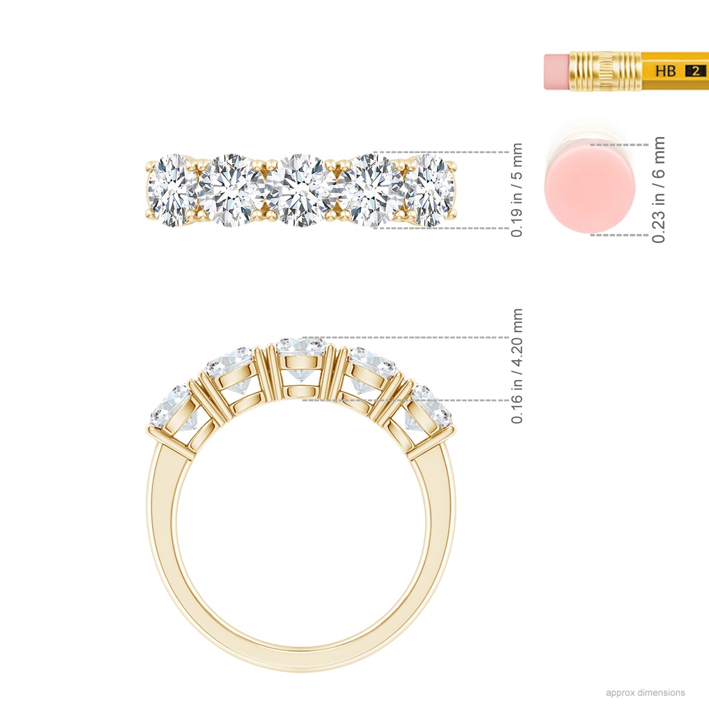 5mm FGVS Lab-Grown Prong-Set Round Diamond Five Stone Wedding Ring in Yellow Gold ruler