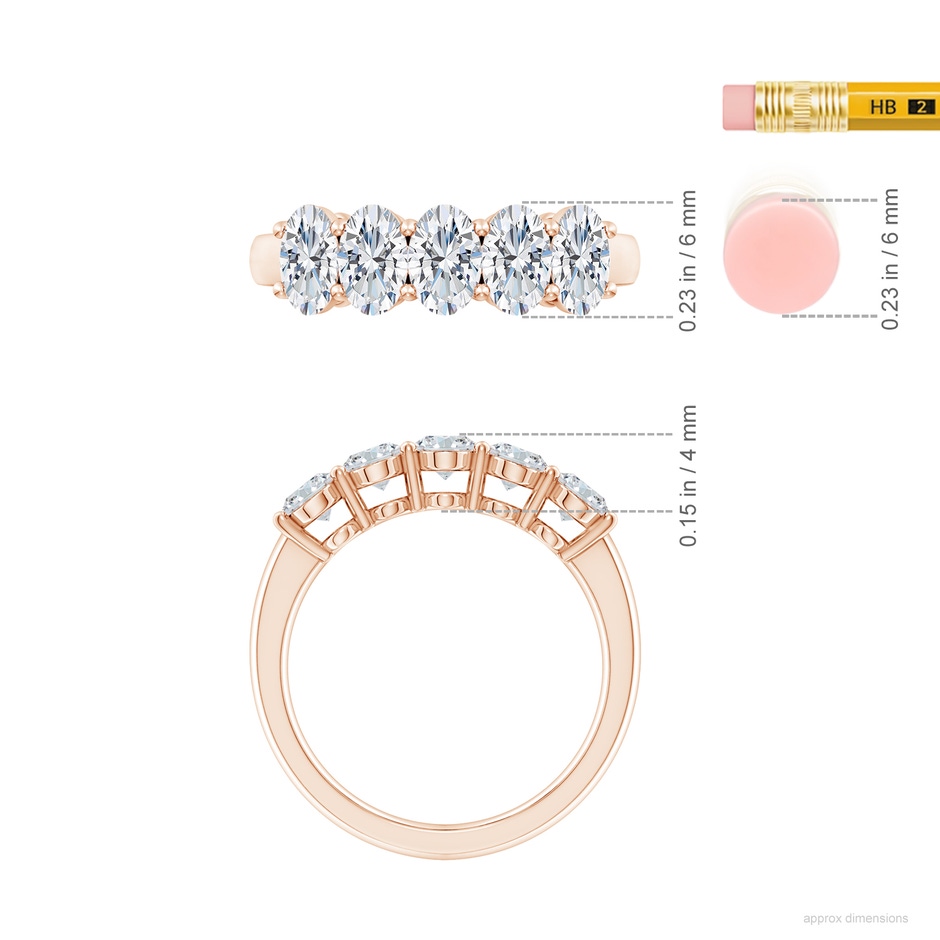 6x4mm FGVS Lab-Grown Prong-Set Oval Diamond Five Stone Wedding Ring in Rose Gold ruler