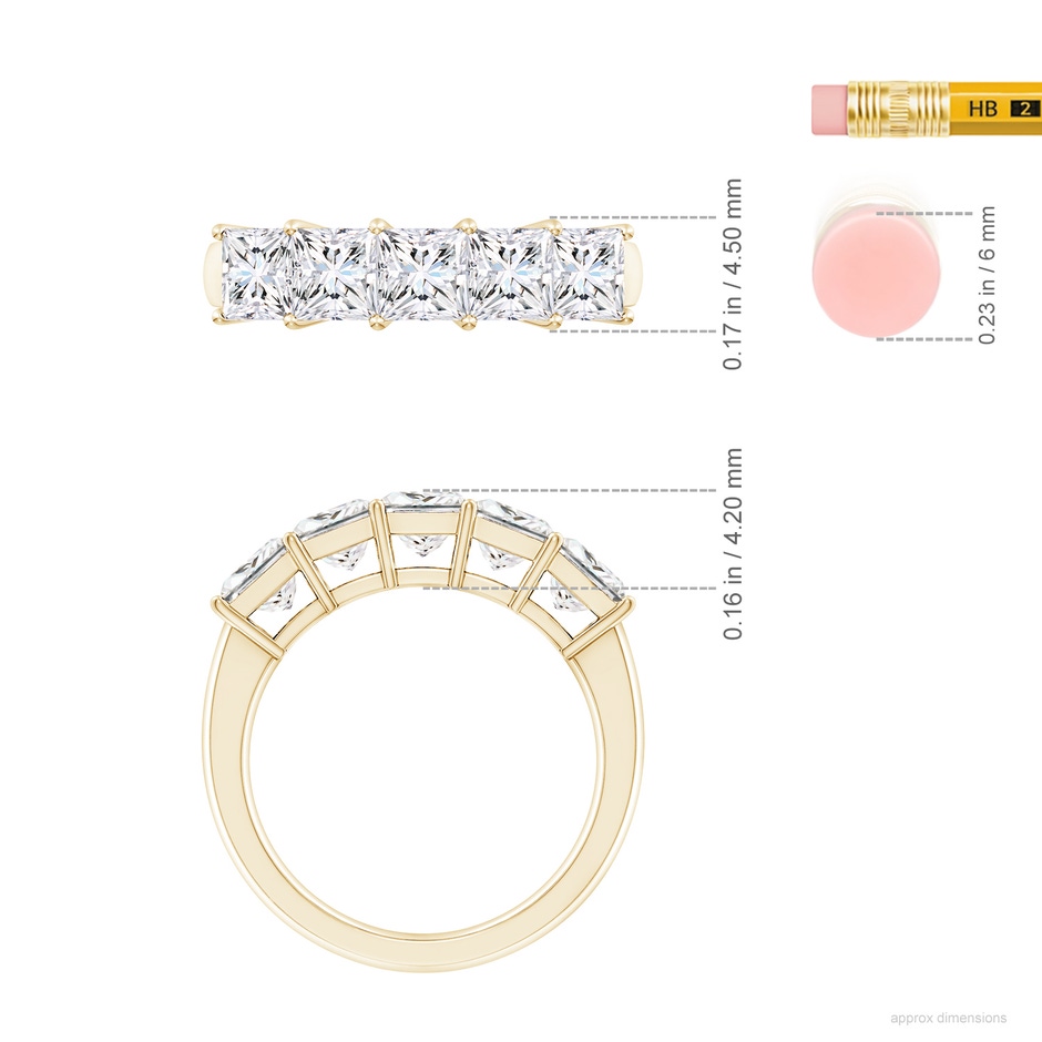 4.5mm FGVS Lab-Grown Prong-Set Princess-Cut Diamond Five Stone Wedding Ring in Yellow Gold ruler