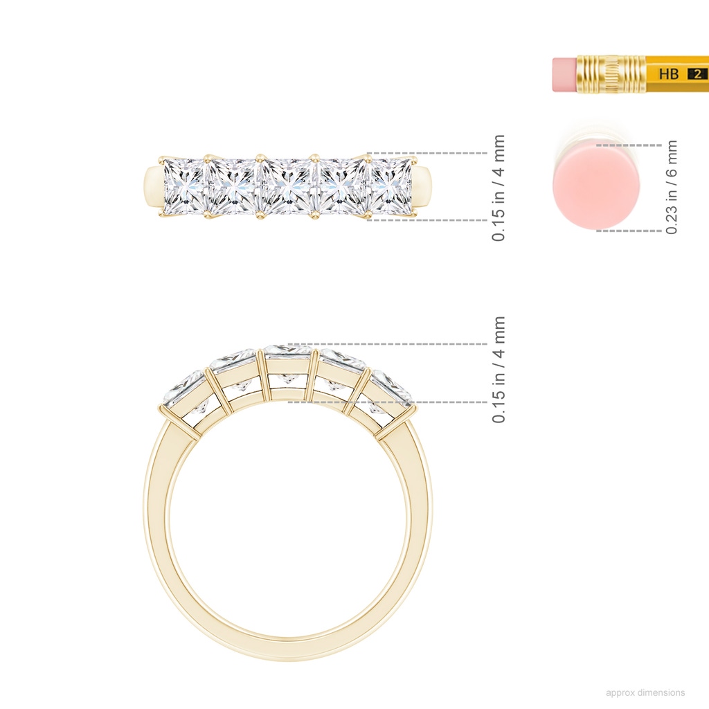 4mm FGVS Lab-Grown Prong-Set Princess-Cut Diamond Five Stone Wedding Ring in Yellow Gold ruler