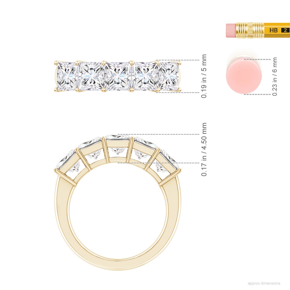 5mm FGVS Lab-Grown Prong-Set Princess-Cut Diamond Five Stone Wedding Ring in Yellow Gold ruler