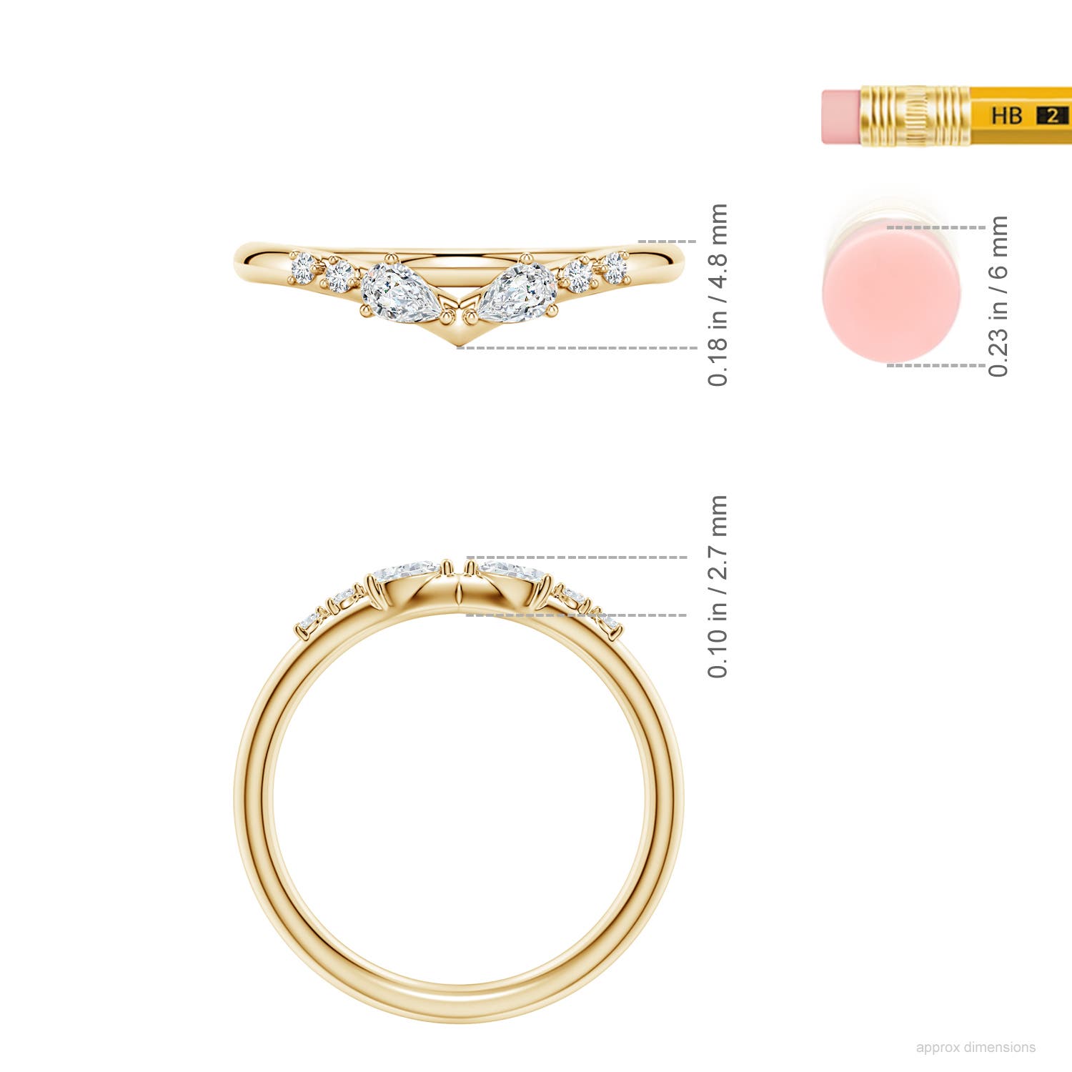 4x2.5mm FGVS Pear and Round Lab-Grown Diamond V-Shaped Wedding Ring in Yellow Gold - ruler