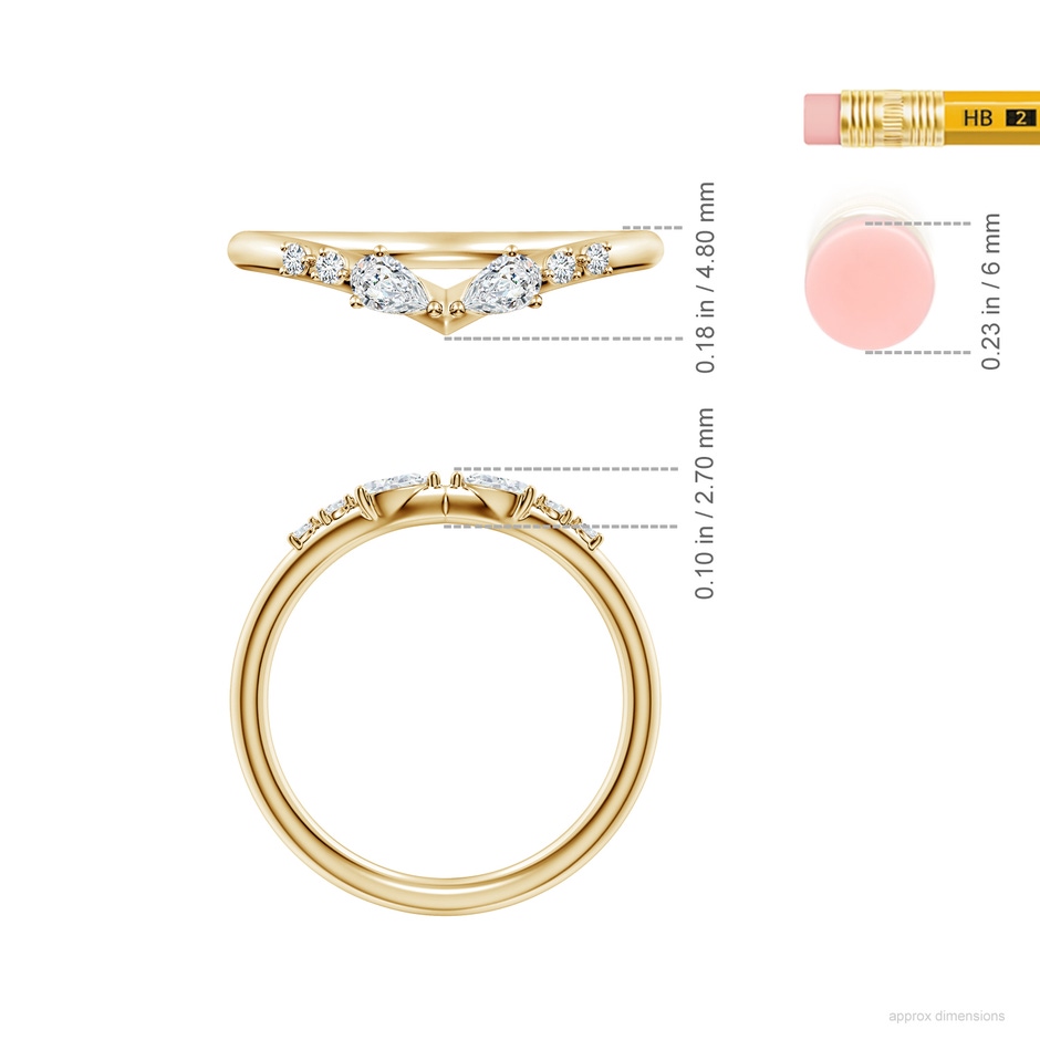 4x2.5mm FGVS Pear and Round Lab-Grown Diamond V-Shaped Wedding Ring in Yellow Gold ruler