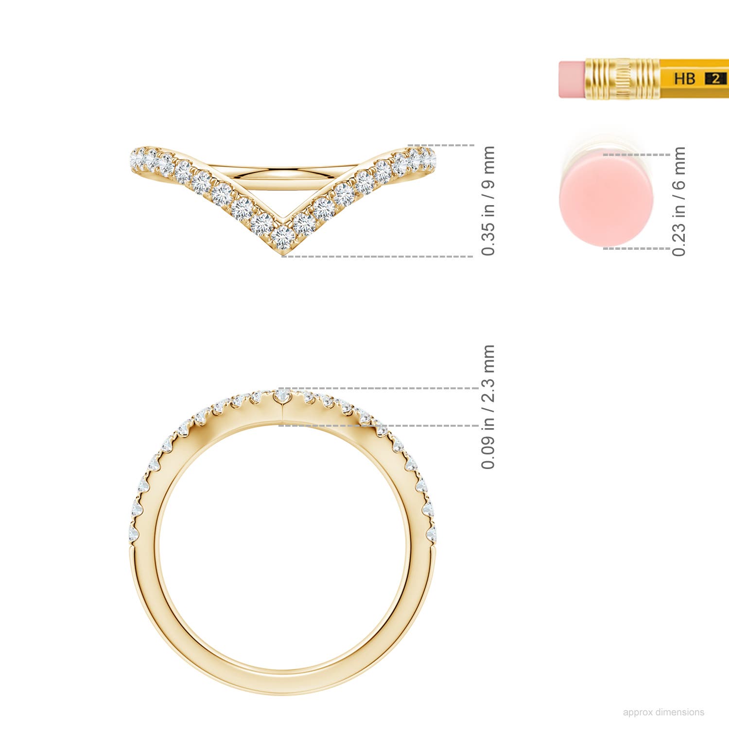 1.5mm FGVS Lab-Grown Diamond V-Shaped Contoured Wedding Ring in Yellow Gold - ruler