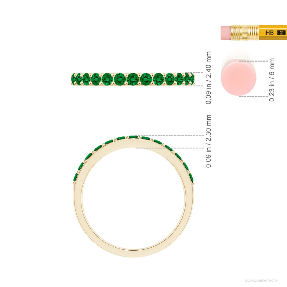 2mm Labgrown Lab-Grown Prong Set Half Eternity Round Emerald Wedding Ring in Yellow Gold ruler