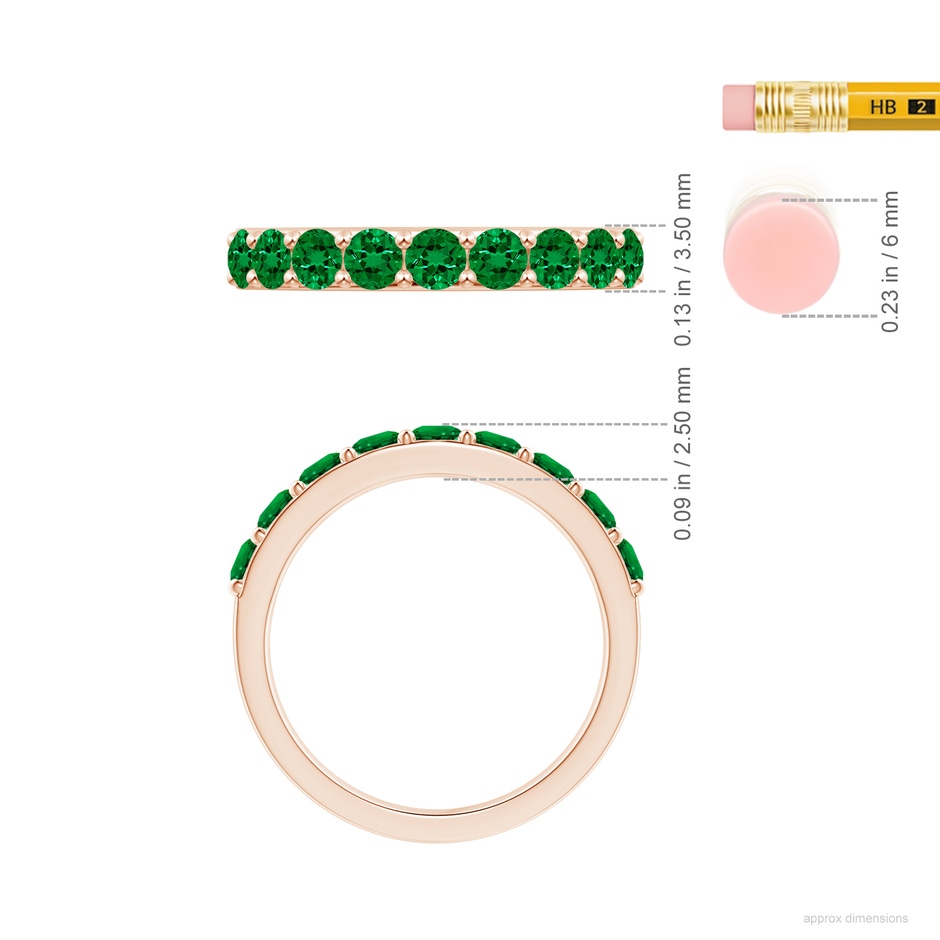 3mm Labgrown Lab-Grown Prong Set Half Eternity Round Emerald Wedding Ring in Rose Gold ruler
