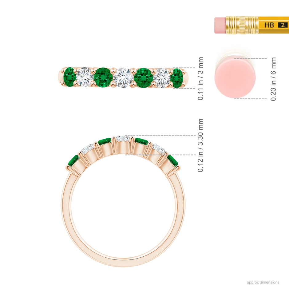3mm Labgrown Lab-Grown Half Eternity Seven Stone Emerald and Lab Diamond Wedding Ring in Rose Gold ruler