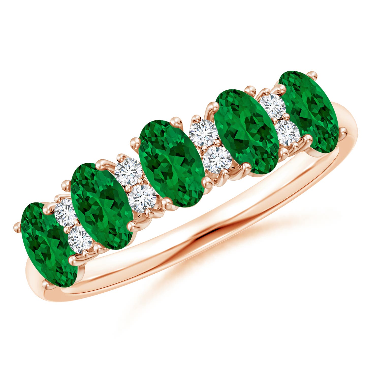 5x3mm Labgrown Lab-Grown Five Stone Emerald and Diamond Wedding Ring in 18K Rose Gold