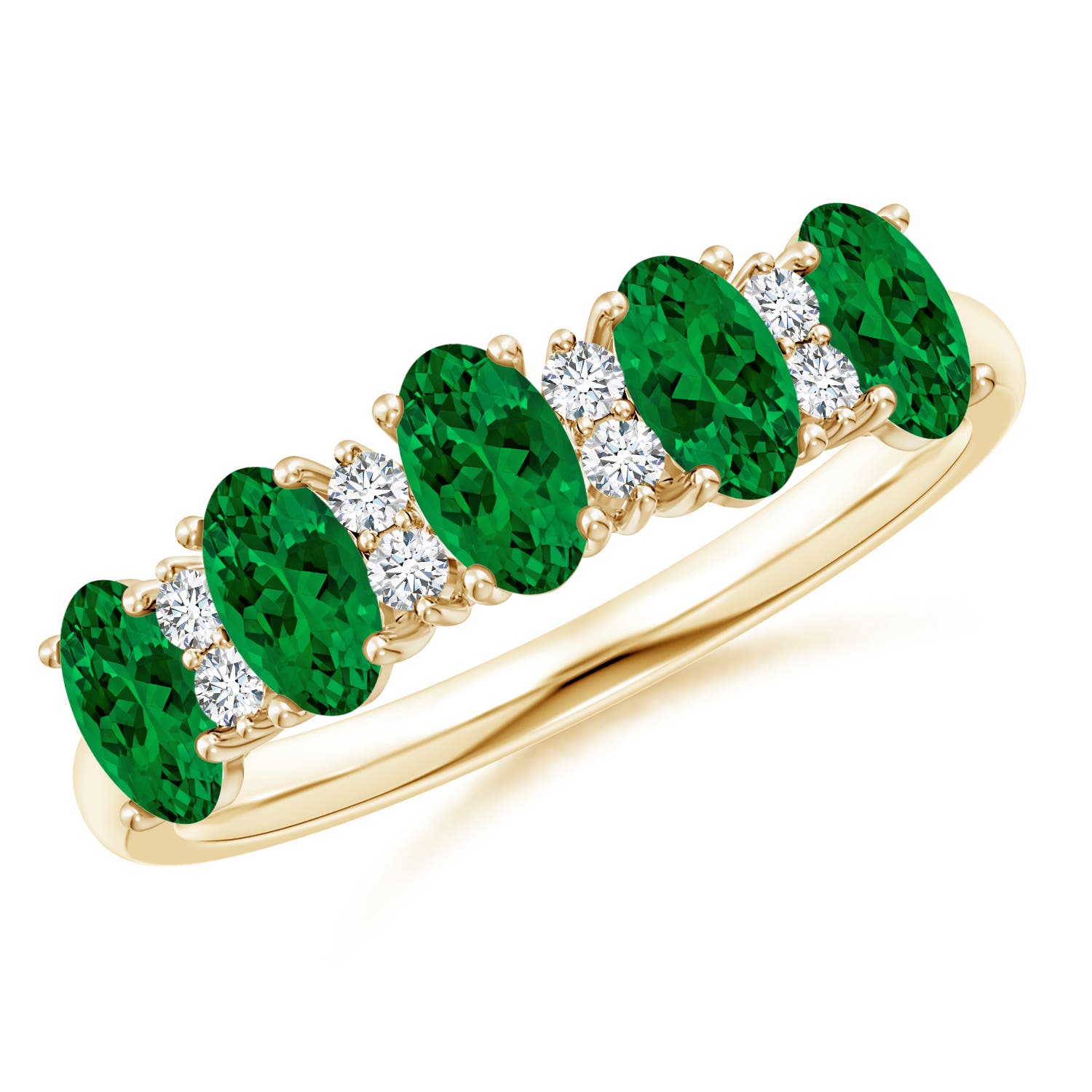5x3mm Labgrown Lab-Grown Five Stone Emerald and Diamond Wedding Ring in 18K Yellow Gold